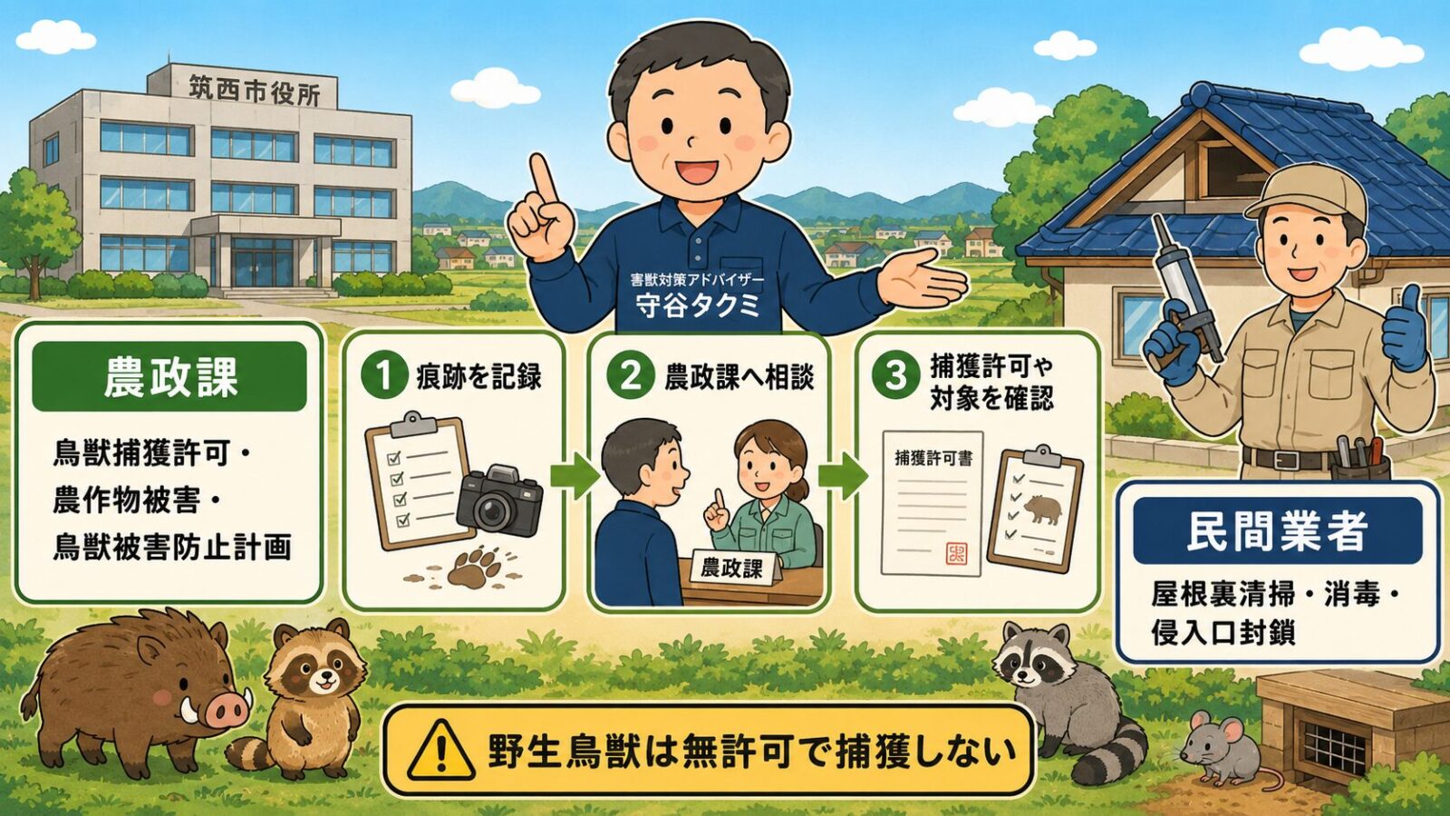 筑西市の害獣相談で、農政課への相談、捕獲許可の確認、民間業者による屋根裏清掃や侵入口封鎖の役割分担を3ステップで示した図解