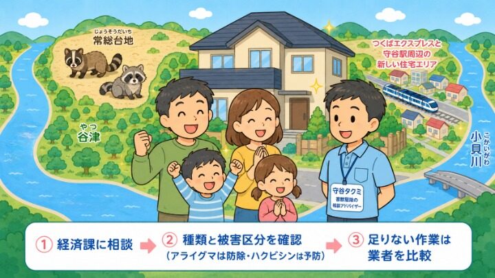 守谷市の害獣駆除のまとめ図。経済課に相談・アライグマは県の防除実施計画の対象で捕獲用の檻の貸出あり・ハクビシンは予防が中心・足りない作業は業者を比較の流れと、費用は参考相場で現地調査で変動・急がず複数社を比較という注意を、被害が解決して安心する家族とともに守谷タクミが示すいらすとや風イラスト。