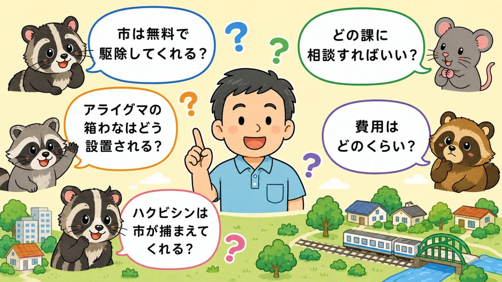 取手市の害獣駆除のよくある質問の図。市は無料で駆除してくれるか・どの課に相談すればいいか・アライグマの箱わなはどう設置されるか・ハクビシンは市が捕まえてくれるか・費用はどのくらいかの5つの疑問を吹き出しで整理したいらすとや風イラスト。