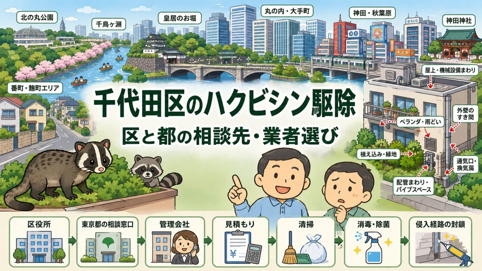 千代田区のハクビシン駆除を相談する住民と守谷タクミを描いたアイキャッチ画像