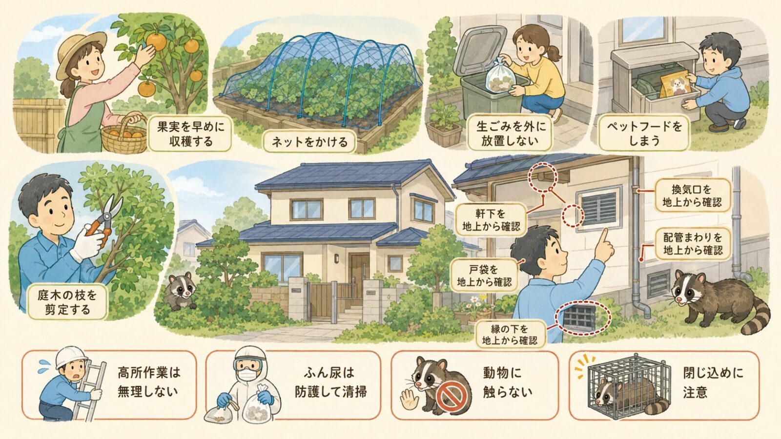 板橋区で自分でできるハクビシン予防と応急対策のイラスト