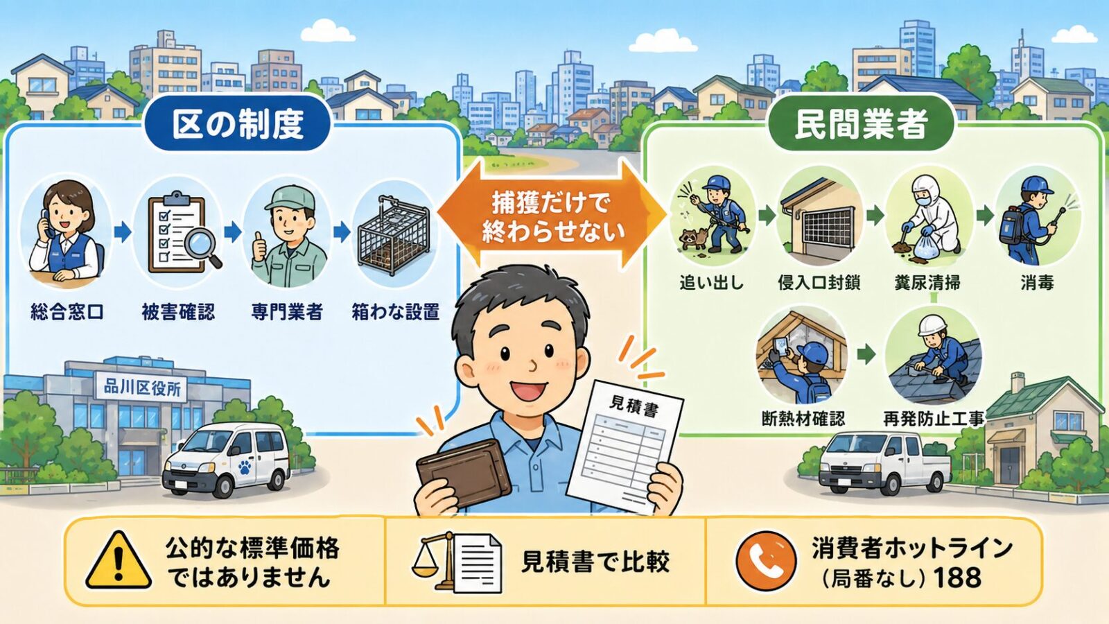 品川区の制度と民間業者作業の役割分担を示す図解