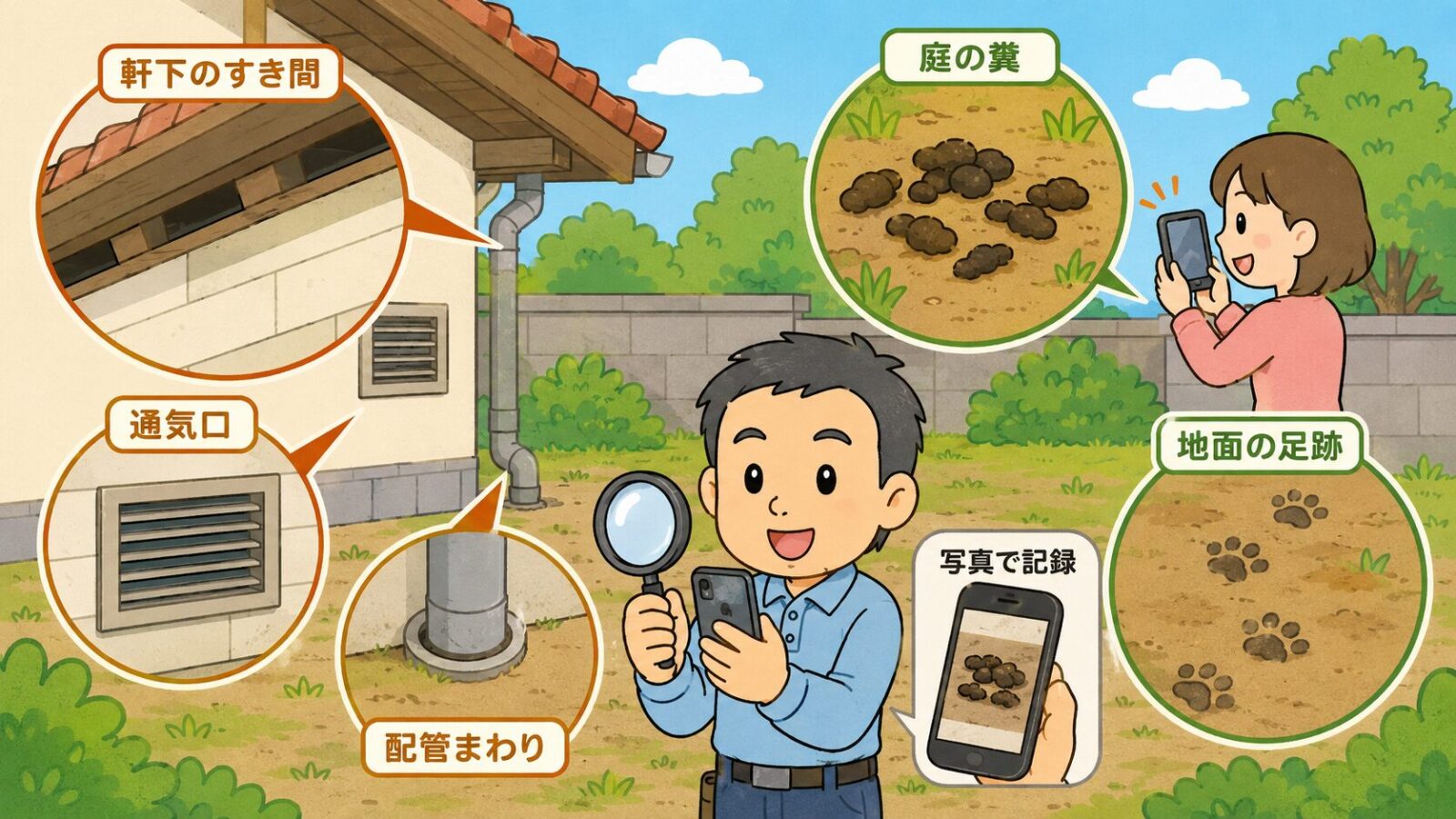 糞、足跡、軒下や通気口の侵入口を写真で記録する確認ポイントの図解