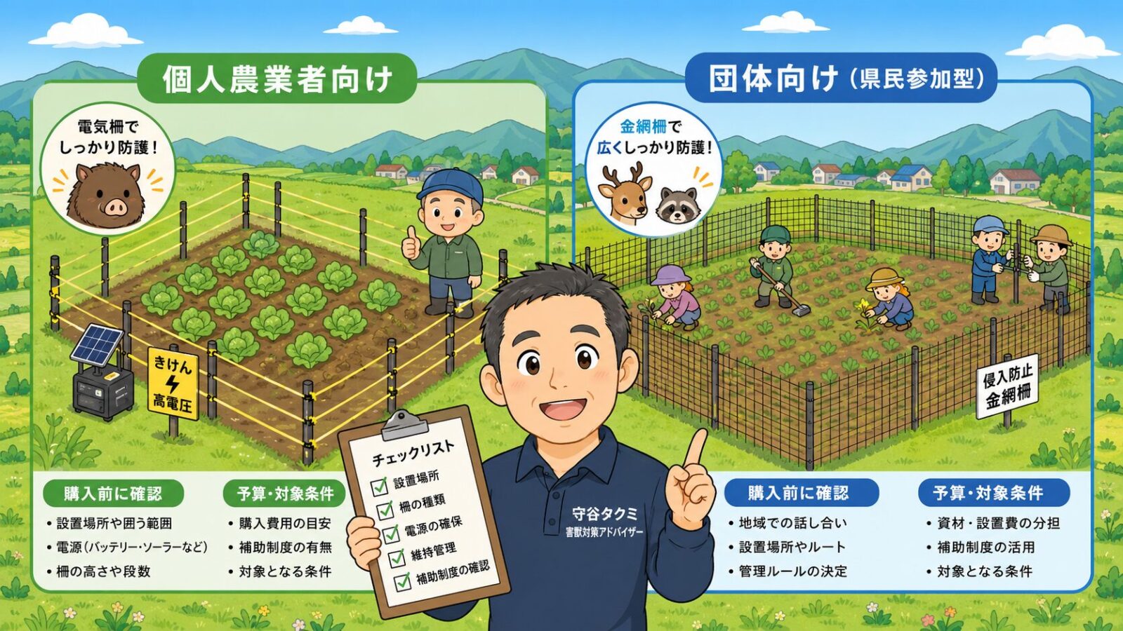 沼田市の個人農業者向けと団体向けの獣害防止柵補助金で確認したい内容を示した図解。