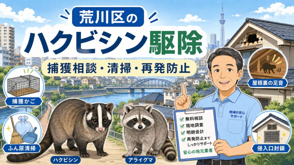 荒川区の住宅街でハクビシン駆除を相談する家族と守谷タクミを描いたアイキャッチ画像