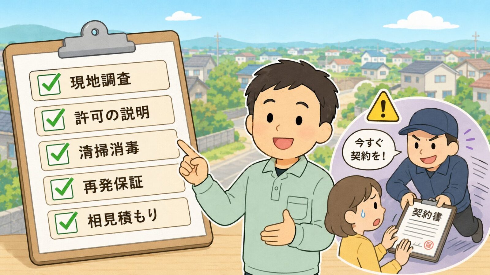 結城市で害獣駆除業者を選ぶときの現地調査、許可説明、清掃消毒、再発保証、相見積もりのチェックポイントを示した図解