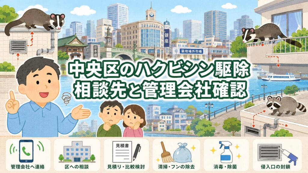 中央区のハクビシン駆除を相談するマンション住民と守谷タクミを描いたアイキャッチ画像