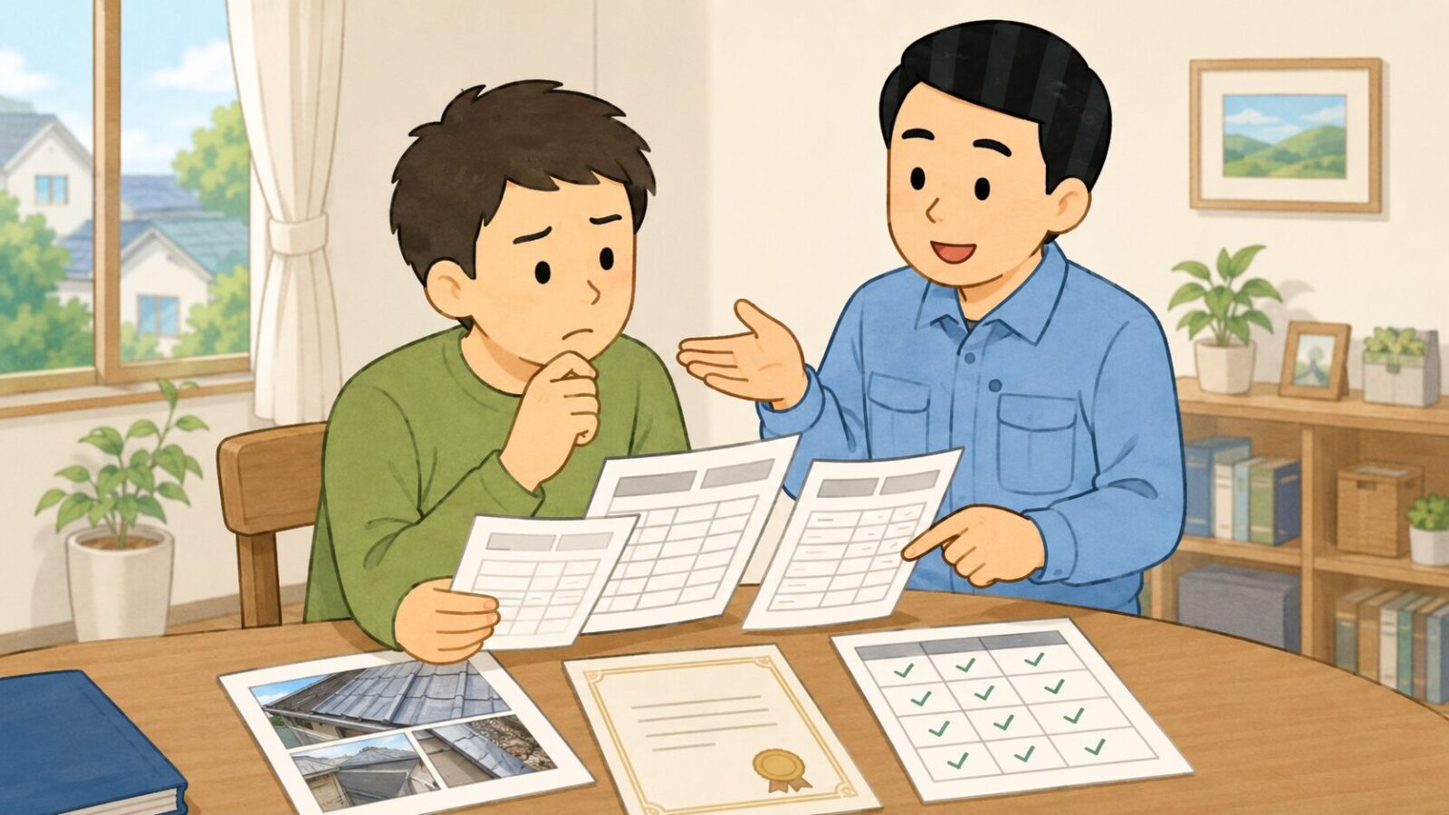 相模原市でハクビシン駆除業者を選ぶ際の見積書や現地調査の確認ポイントを示すイラスト