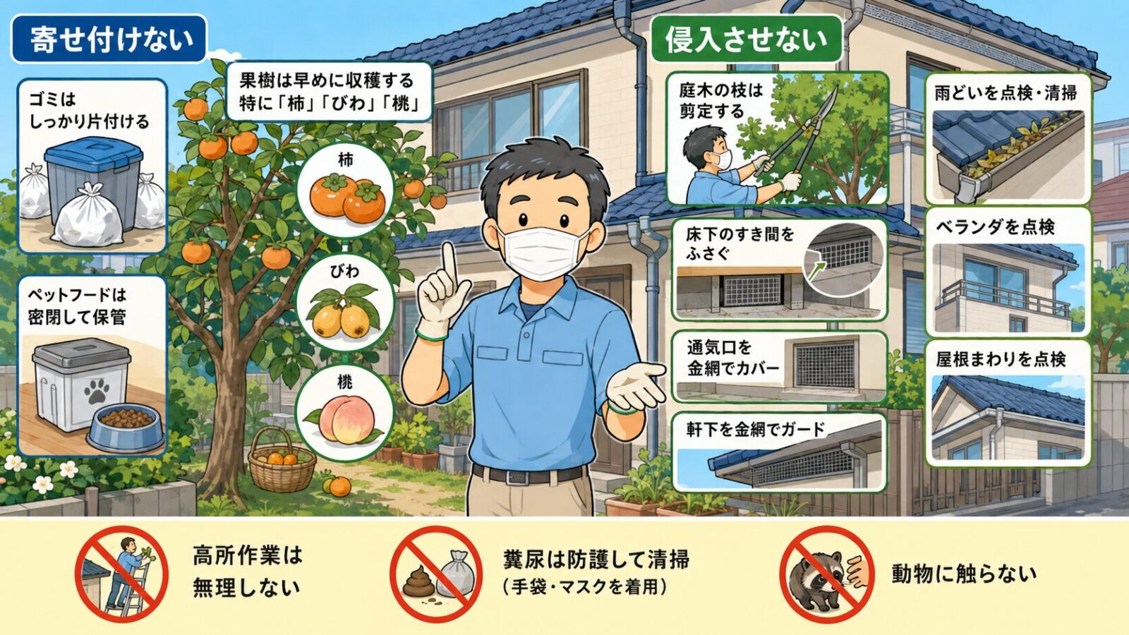 品川区で自分でできるハクビシン予防と応急対策のイラスト
