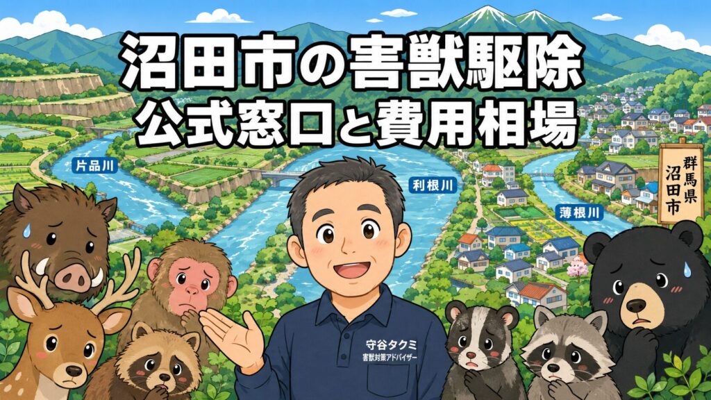 沼田市の害獣駆除について、公式窓口と費用相場を親しみやすく示したアイキャッチ画像。