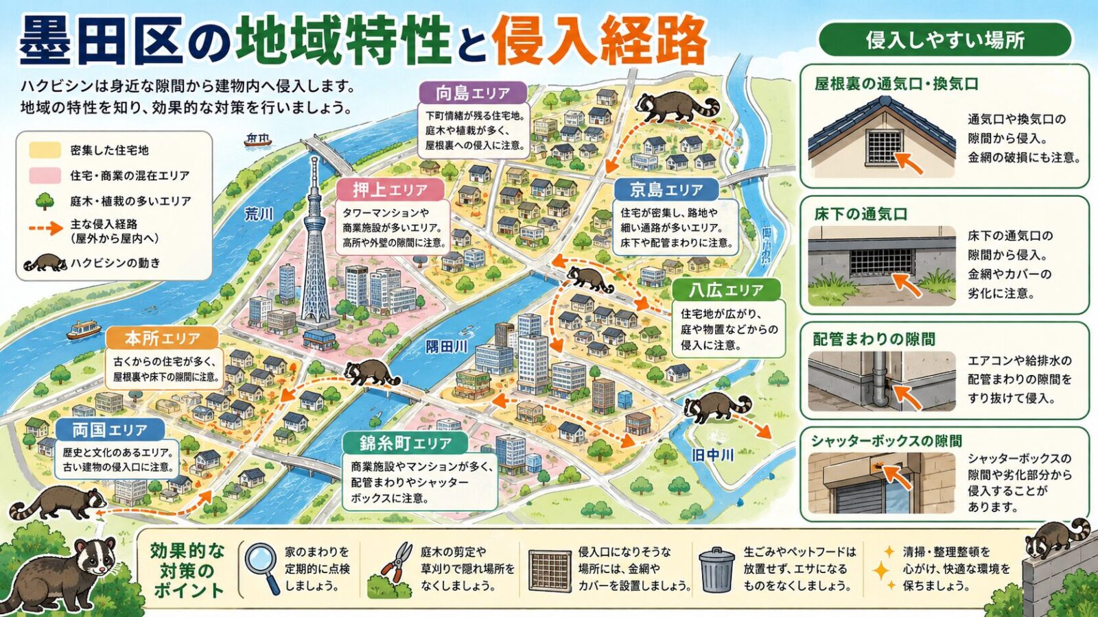 墨田区の地域特性とハクビシンの侵入経路を示す模式マップ