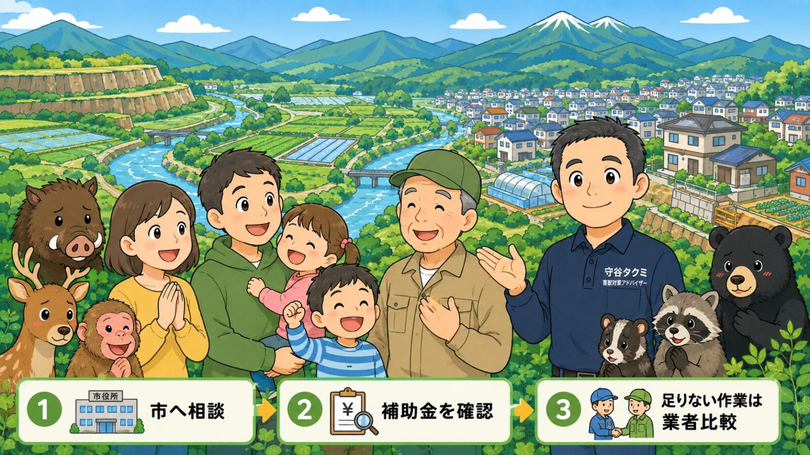 沼田市の害獣駆除で市へ相談、補助金確認、足りない作業は業者比較する流れを示したまとめ画像。