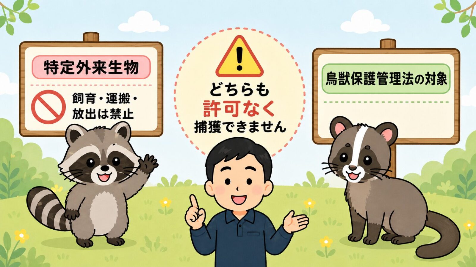 アライグマとハクビシンの法律の違いを示す図。アライグマは外来生物法の特定外来生物で飼育・運搬・放出が禁止、ハクビシンは在来種として鳥獣保護管理法の対象で、どちらも捕獲には許可が必要なことを守谷タクミが解説するいらすとや風イラスト。