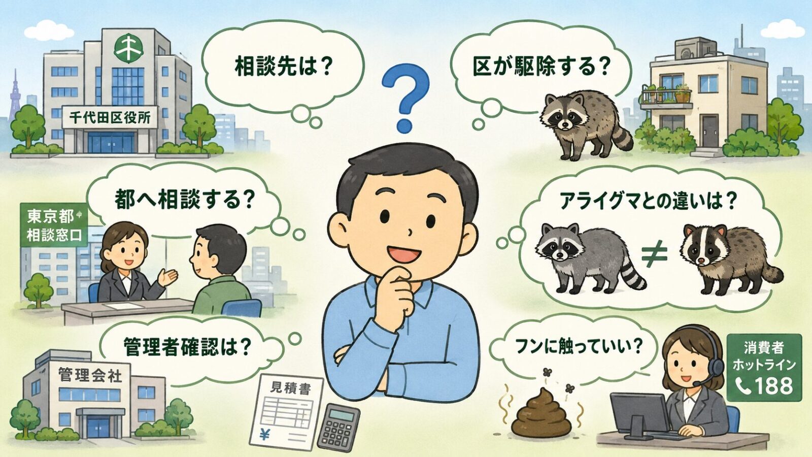 千代田区のハクビシン駆除でよくある質問を整理したイラスト