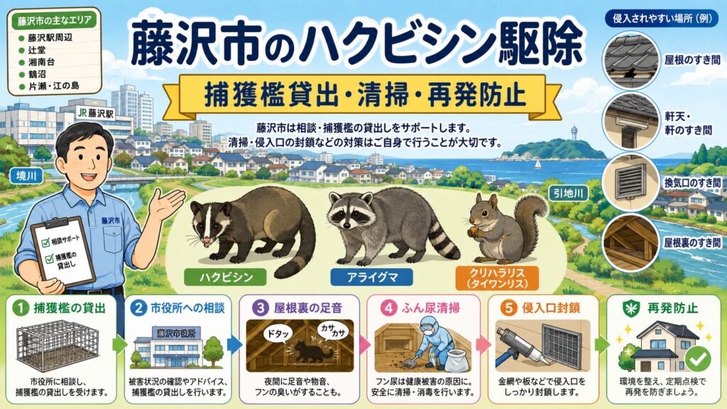 藤沢市のハクビシン駆除を相談する住民と守谷タクミを描いたアイキャッチ画像