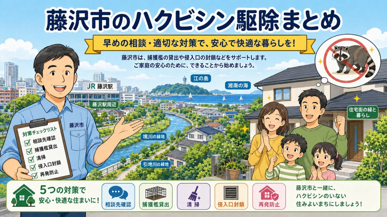 藤沢市のハクビシン被害が解決して安心した家族と守谷タクミを描いたまとめ画像