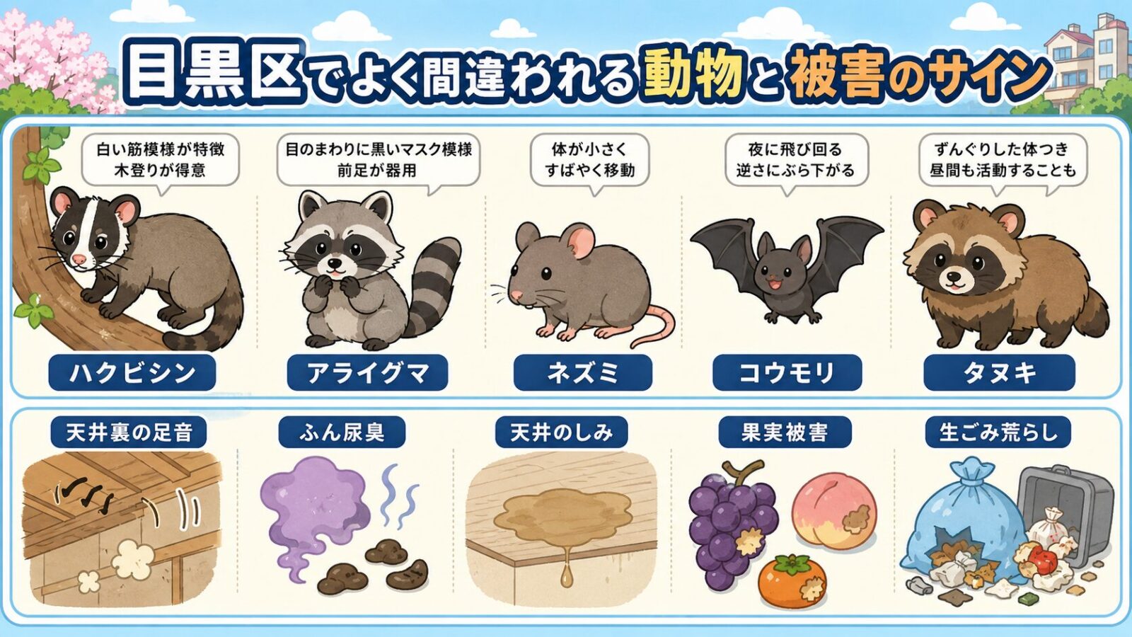 目黒区で混同しやすいハクビシンとアライグマの特徴と被害サイン