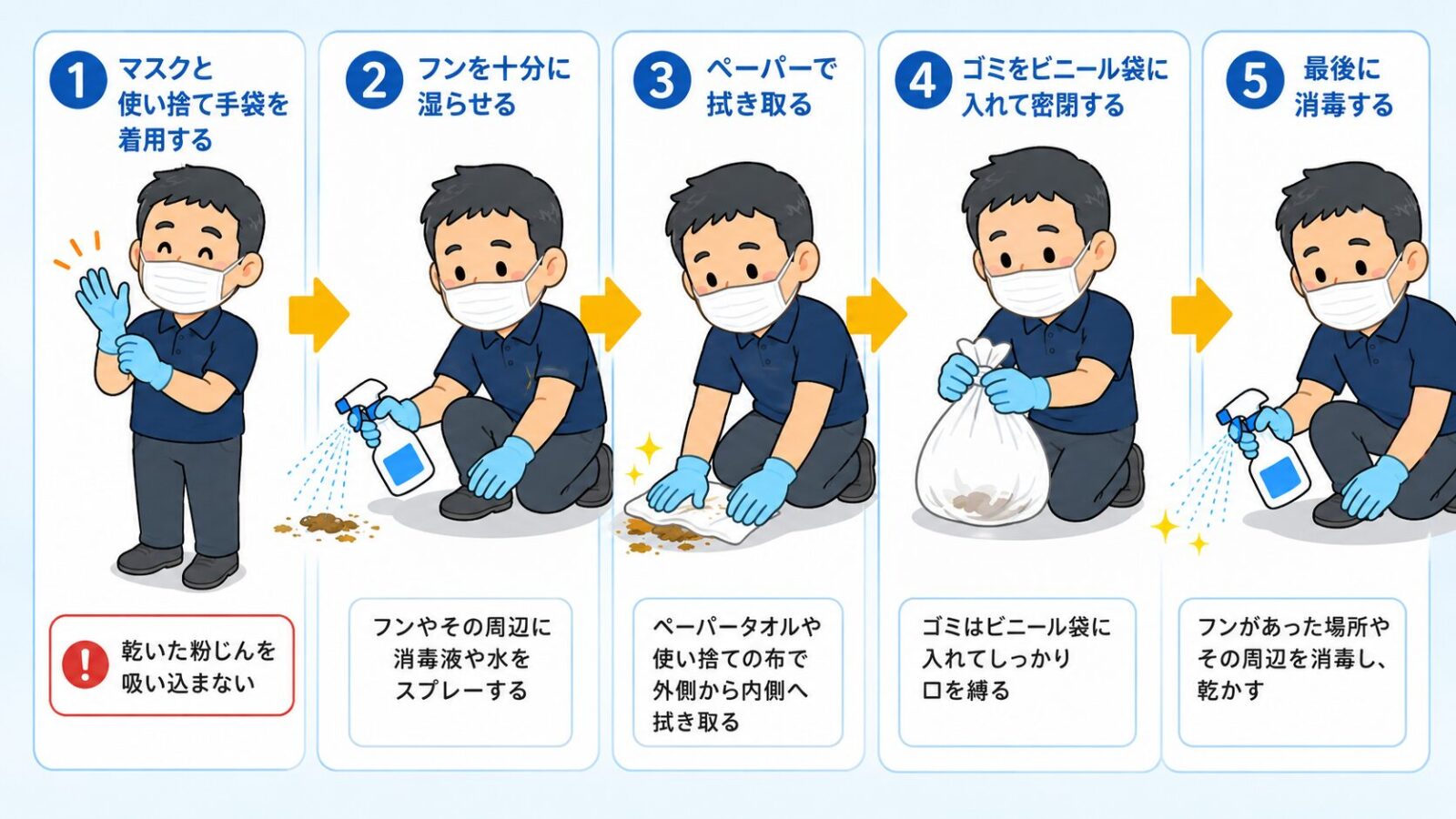 ハトの糞を防護、湿らせる、拭き取る、袋に入れる、手洗いの手順で安全に掃除する図解。