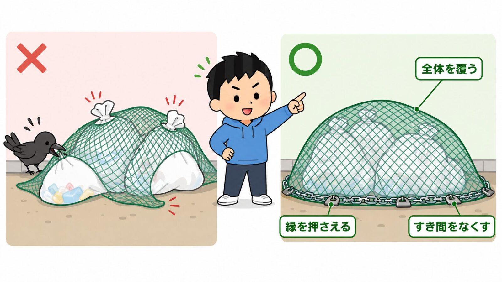 防鳥ネットの悪い例と良い例を比較し、全体を覆う、縁を押さえる、すき間をなくすポイントを示した図解