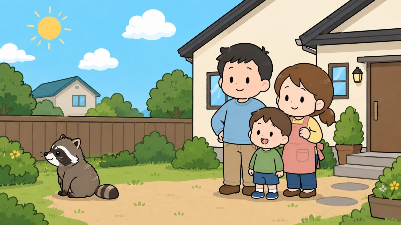 晴れた日の住宅の前で、笑顔の家族と、少し離れた場所にいる落ち着いたアライグマを描いたいらすとや風イラスト。刺激せず距離をとり窓口に相談することで安心して暮らせる状態を表すまとめの画像。