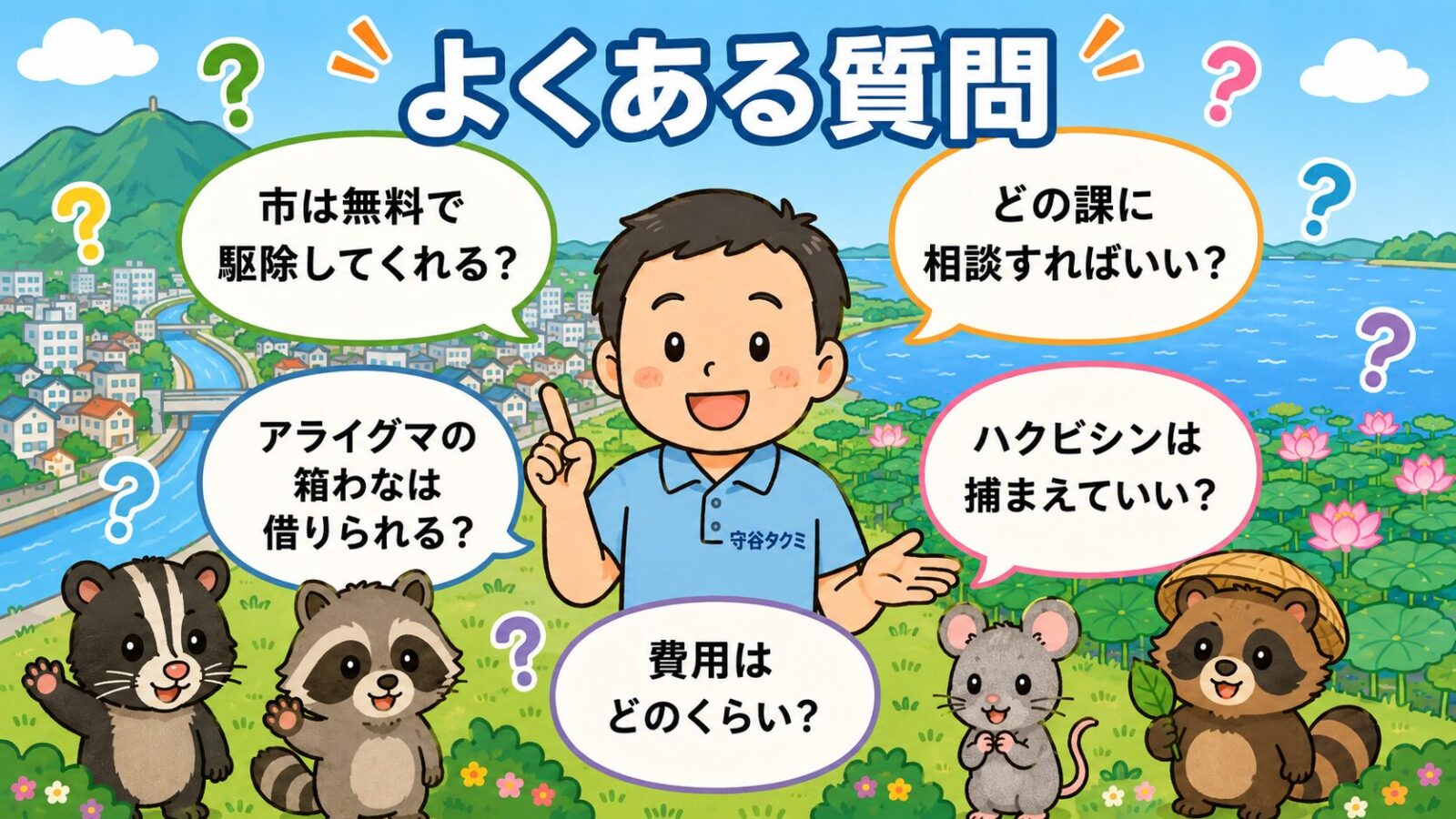 土浦市の害獣駆除のよくある質問の図。市は無料で駆除してくれるか・どの課に相談すればいいか・アライグマの箱わなは借りられるか・ハクビシンは捕まえていいか・費用はどのくらいかの5つの疑問を吹き出しで整理したいらすとや風イラスト。