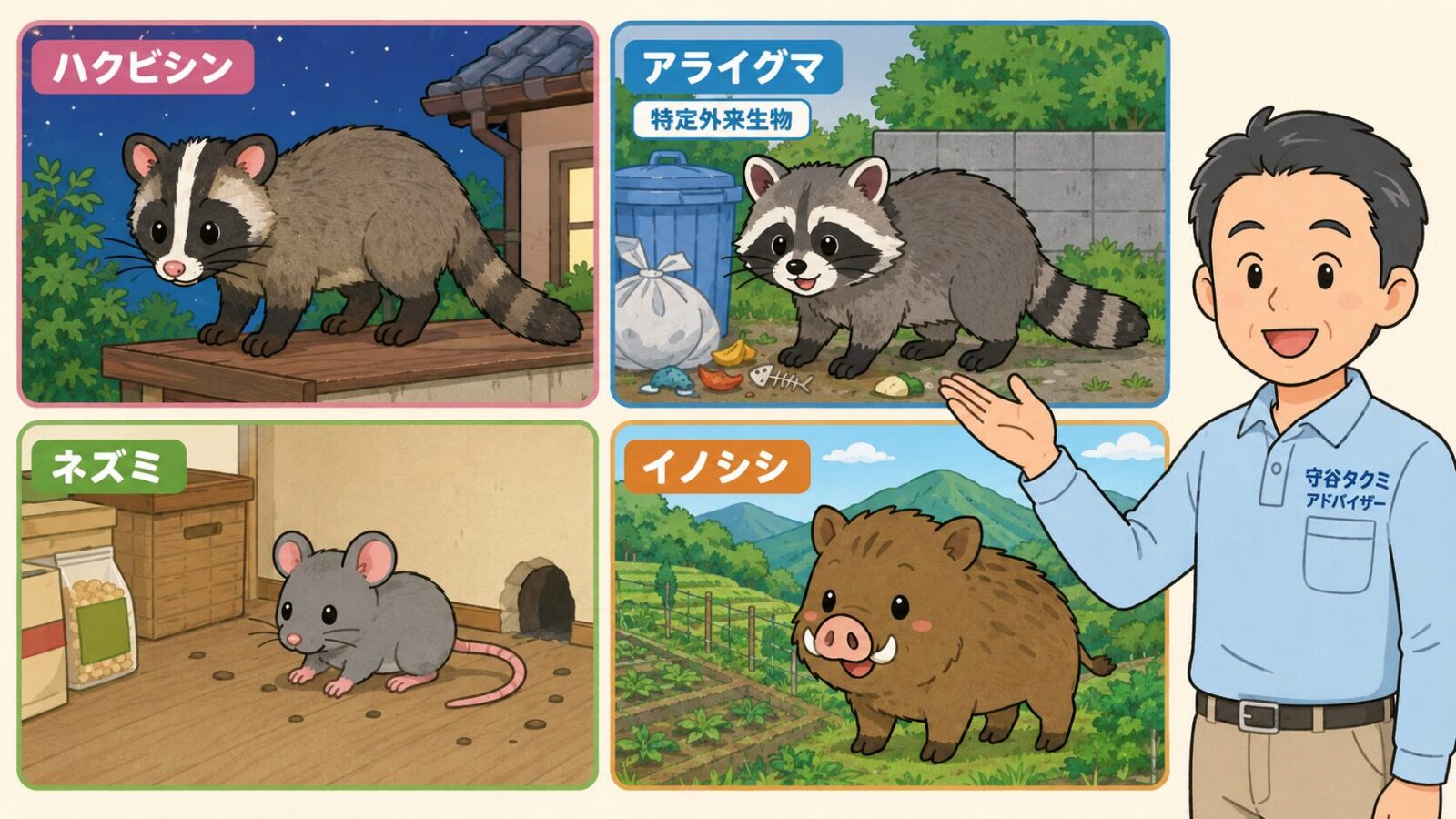 日立市で見られる害獣を整理した図。ハクビシン(夜行性・屋根裏に侵入)・アライグマ(特定外来生物)、住宅内で注意したいネズミ、山際や市街地で見られるイノシシを守谷タクミが解説するいらすとや風イラスト。