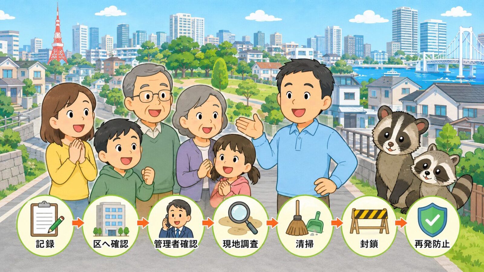 港区のハクビシン被害が解決して安心した家族と守谷タクミを描いたまとめ画像