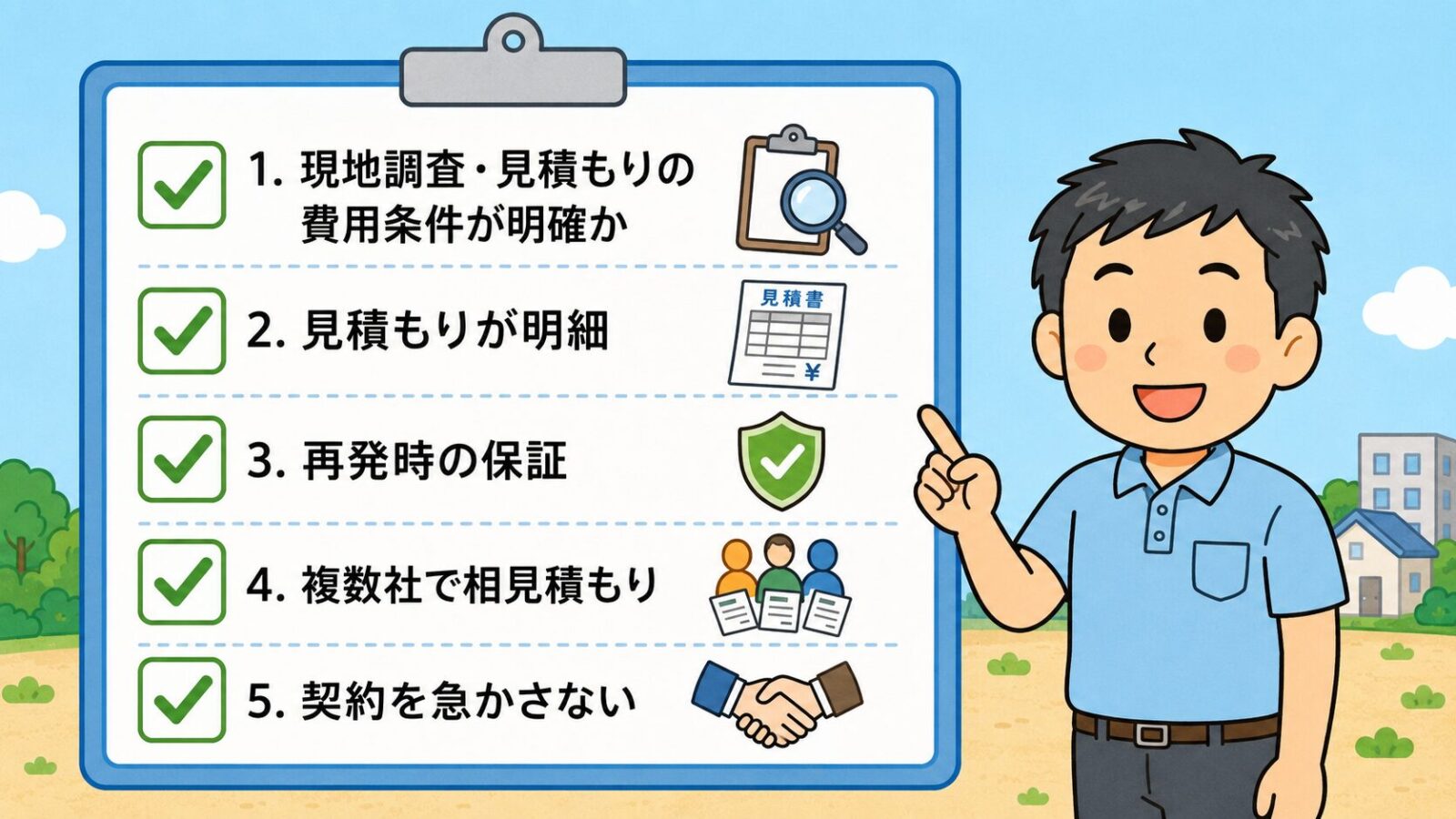 守谷市の害獣駆除で失敗しない業者選び5つのチェックポイントを示す図。現地調査・見積もりの費用条件が明確か・見積もりが明細・再発時の保証・複数社で相見積もり・契約を急かさないの5項目をチェックリストで並べ、急かす業者は冷静に比較できずトラブルになりやすいと守谷タクミが添えるいらすとや風イラスト。