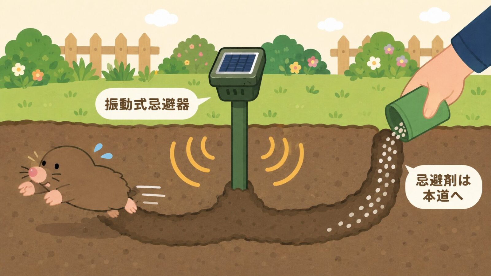 モグラの追い出し方を示すいらすとや風の断面図イラスト。本道に差し込んだソーラー式の振動・音波忌避器から振動が広がり、忌避剤を本道に投入する様子。モグラが庭の外へ移動していく流れを「振動式忌避器」「忌避剤は本道へ」のラベル付きで図解。