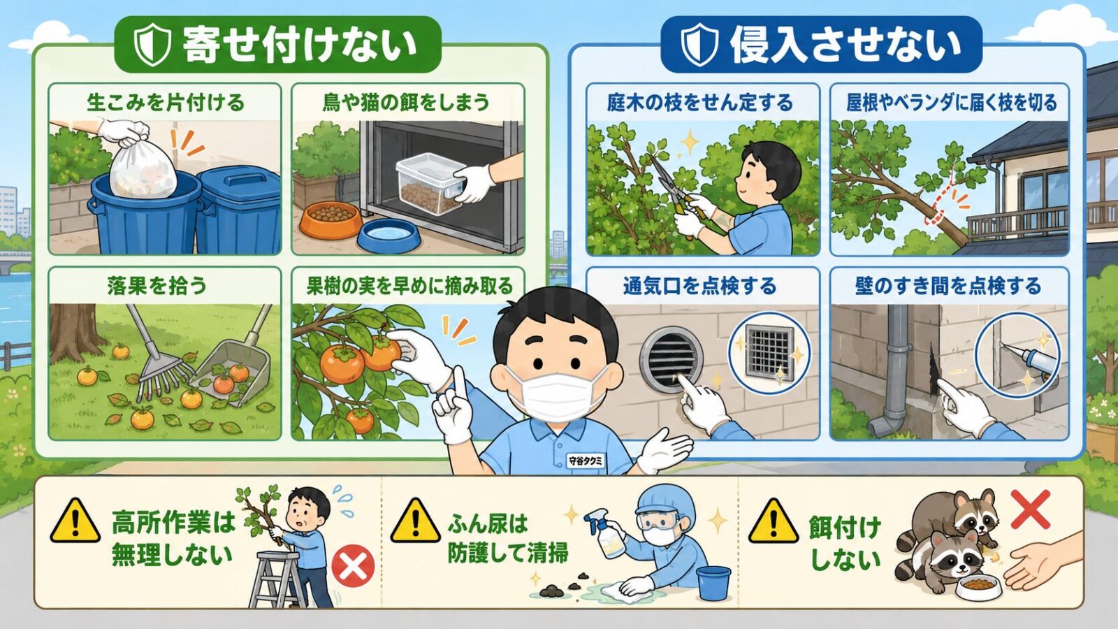 生ごみ、鳥や猫の餌、落果、庭木、通気口など江戸川区で自分でできるハクビシン予防策を示すイラスト