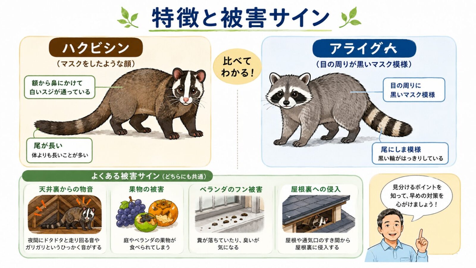 台東区で混同しやすいハクビシンとアライグマの特徴と被害サイン