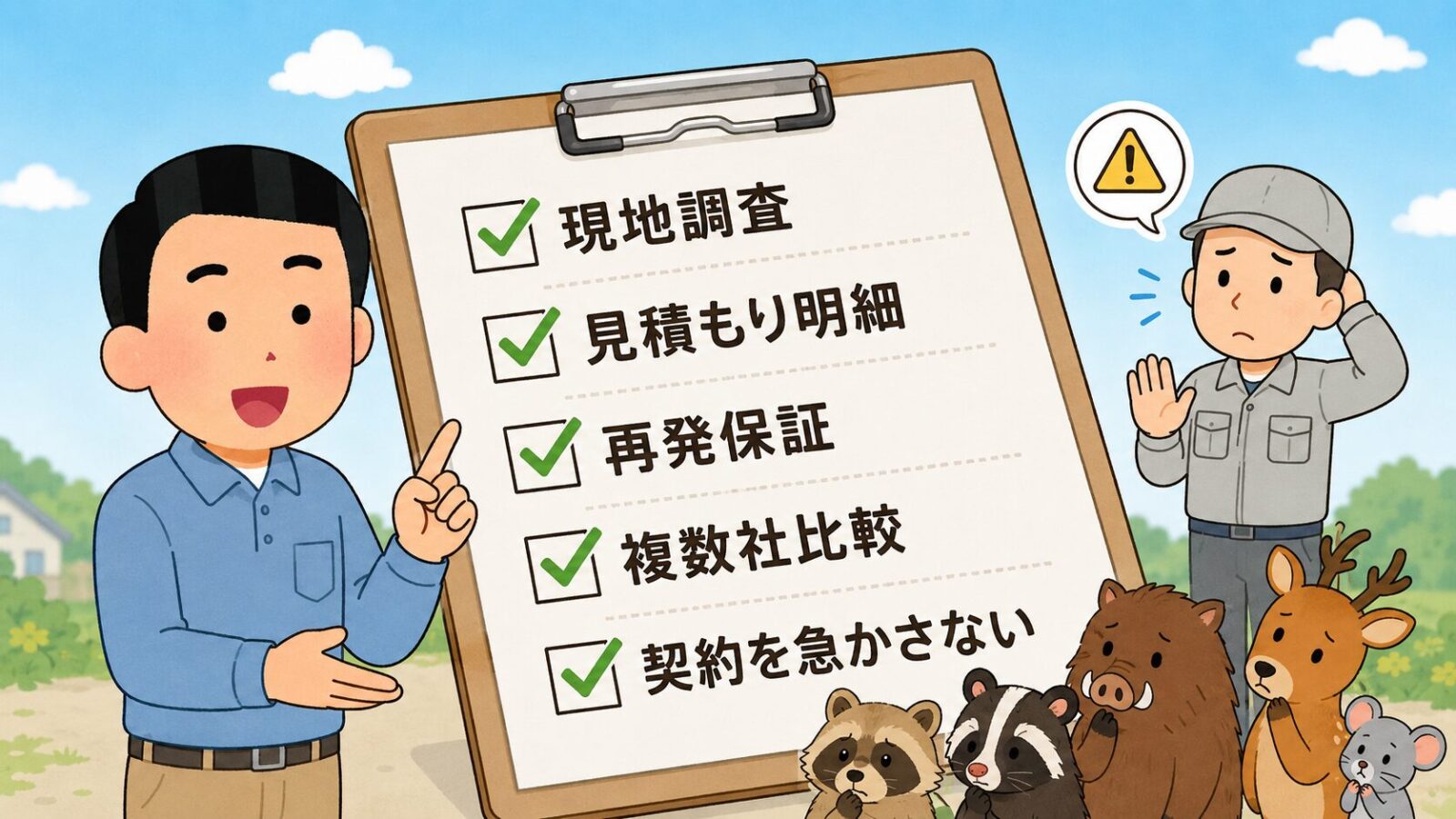 栃木市で害獣駆除業者を選ぶときの現地調査、見積もり明細、再発保証、複数社比較、契約を急かさないチェックポイントを示した図解