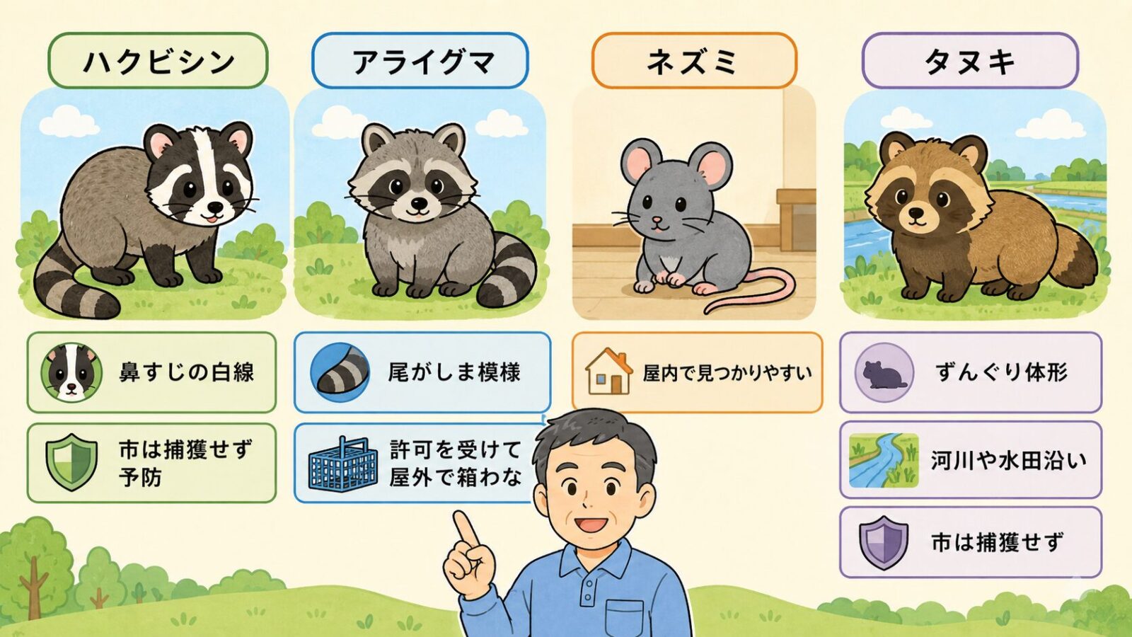 常総市で見られる害獣を整理した図。ハクビシン（市は捕獲を行わず予防が中心）・アライグマ（特定外来生物で敷地内の屋外に箱わなを設置する対象）、住宅内で注意したいネズミ、鬼怒川・小貝川沿いや水田・緑地で見られるタヌキを守谷タクミが解説するいらすとや風イラスト。