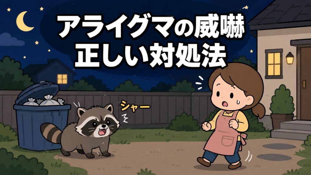 夜の住宅の庭先で、ゴミ箱のそばにいるアライグマが口を開けて『シャー』と威嚇し、エプロン姿の女性が驚いて後ずさりしているいらすとや風イラスト。アライグマの威嚇への正しい対処法を解説する記事のメインアイキャッチ画像。
