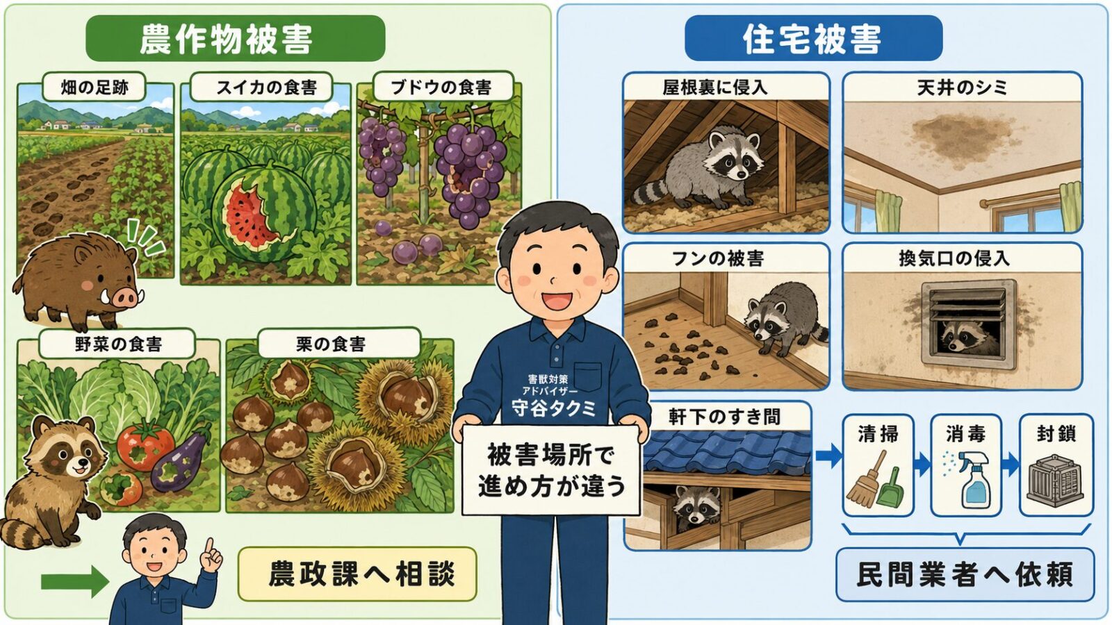 筑西市の農作物被害と住宅被害を左右で比較し、農政課への相談と民間業者による清掃・消毒・封鎖の違いを示した図解