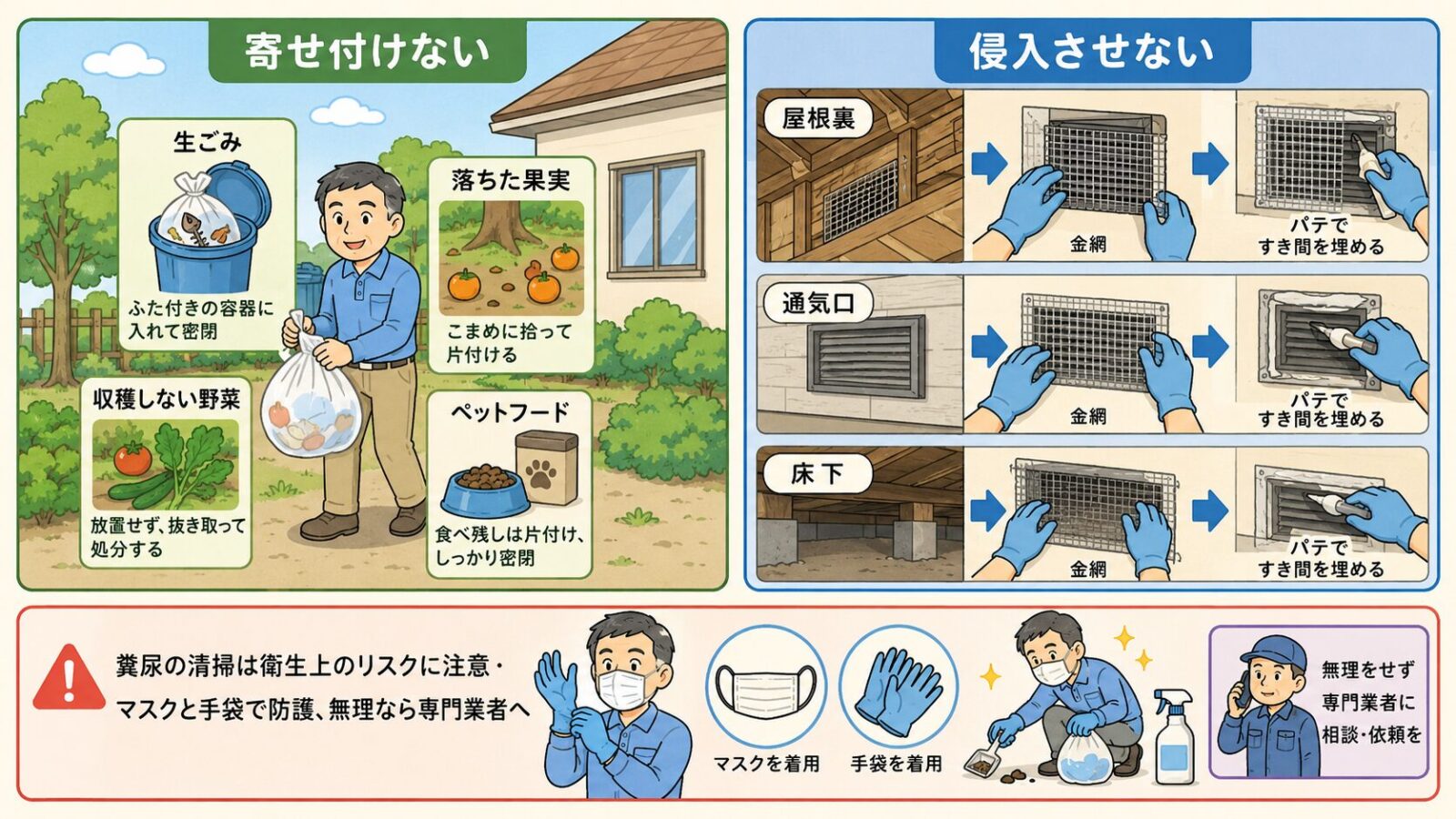 常総市で自分でできる害獣の予防・応急対策を示す図。寄せ付けない（生ごみ・落ちた果実・収穫しない野菜・ペットフードを置かない）と侵入させない（屋根裏・通気口・床下のすき間を金網やパテで塞ぐ）の2本柱を守谷タクミが案内し、糞尿の清掃は衛生上のリスクに注意し防護のうえか専門業者へと添えるいらすとや風イラスト。