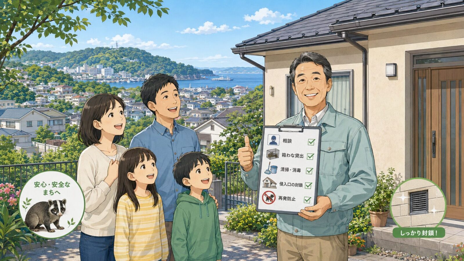 横須賀市のハクビシン被害が解決して安心した家族と守谷タクミを描いたまとめ画像