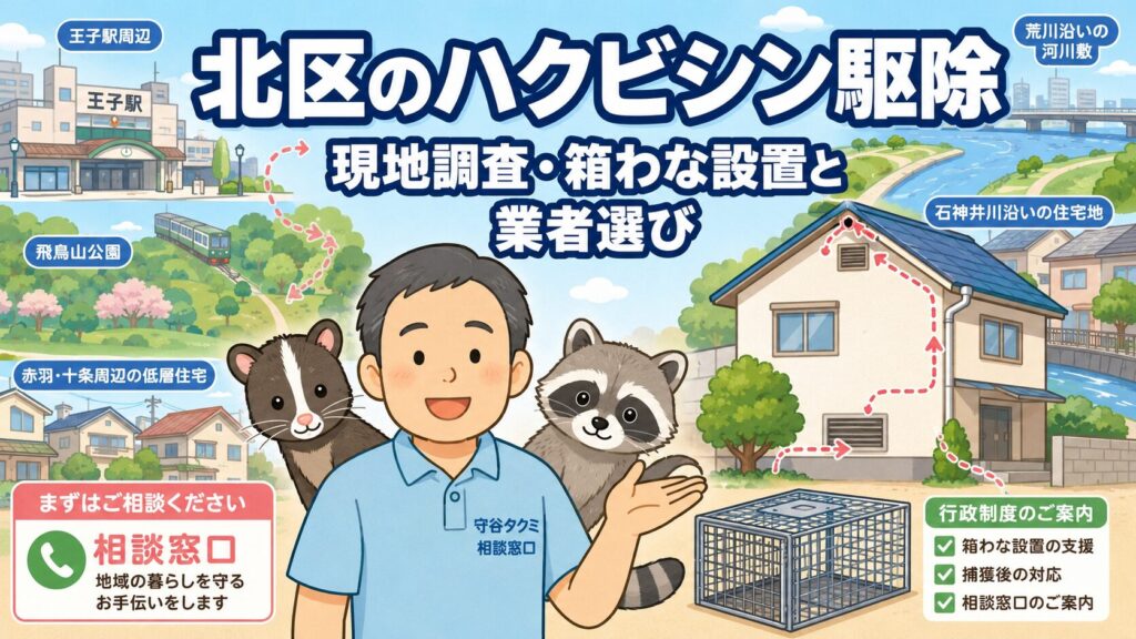 北区の住宅地と飛鳥山公園、荒川沿いを背景に守谷タクミとハクビシンを描いたアイキャッチ画像