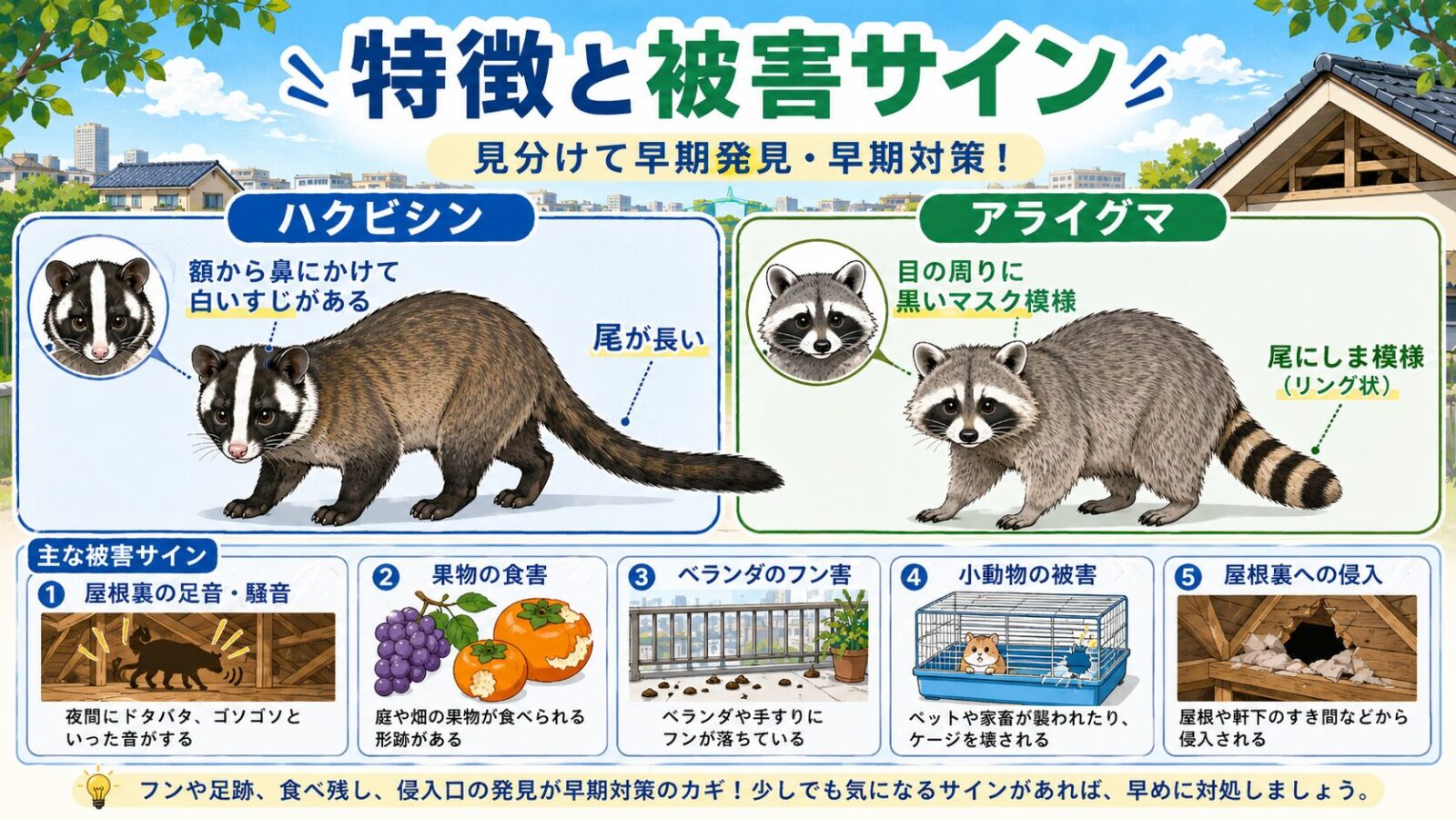 荒川区で混同しやすいハクビシンとアライグマの特徴と被害サイン