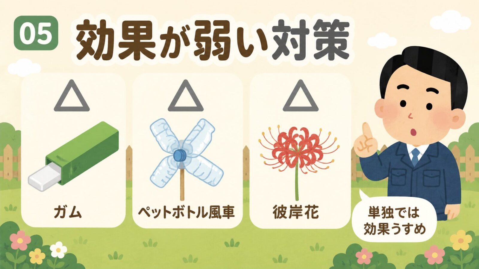 効果が弱いモグラ対策を示すいらすとや風イラスト。チューインガム・ペットボトル風車・彼岸花の3つに△マークを付け、守谷タクミ風キャラクターが「単独では効果が不安定」と注意を促す構図。
