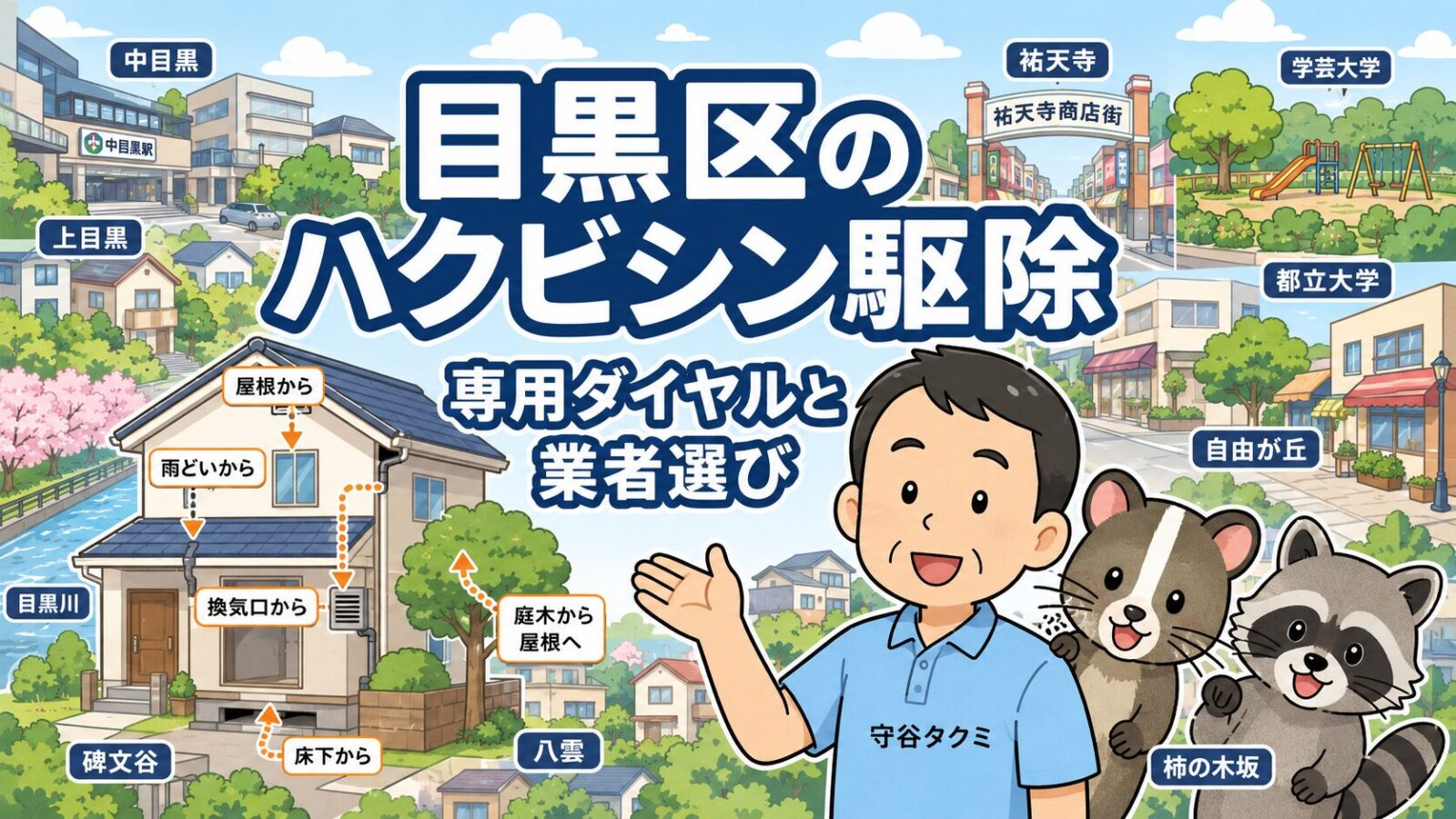 目黒区の住宅地と目黒川沿いを背景に守谷タクミとハクビシンを描いたアイキャッチ画像