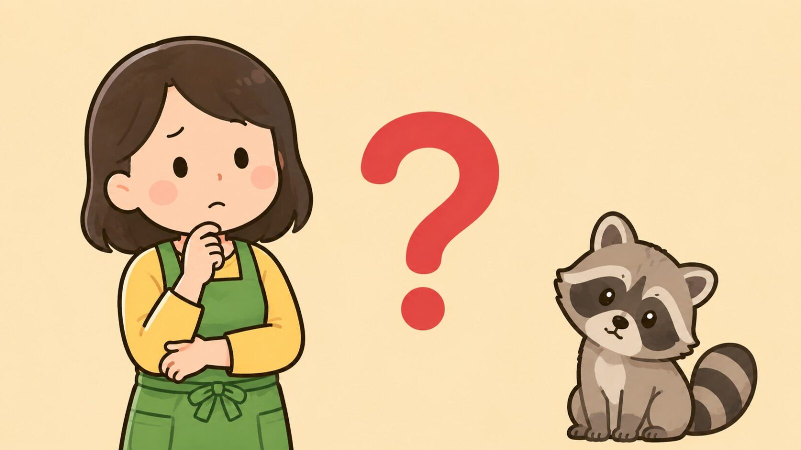 あごに手を当てて考えるエプロン姿の住人と、首をかしげるかわいいアライグマの間に大きな赤いはてなマークを配したいらすとや風イラスト。アライグマの捕獲後についてよくある質問と回答をまとめたセクションのH2見出し画像。