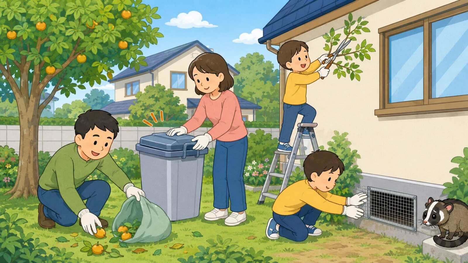 相模原市の住宅で落果の片付けや生ごみ密閉など自分でできるハクビシン予防策を描いたイラスト