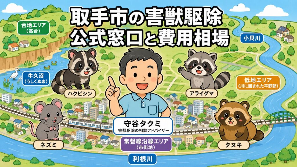 取手市害獣駆除 メインアイキャッチ のいらすとや風イラスト