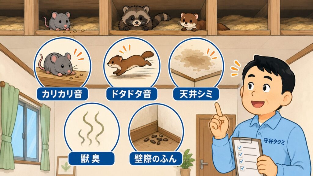 1階と2階の間に害獣がいるときの初期サインを5つ示した図解。カリカリ音を立てるネズミ、ドタドタ音を立てて走る中型動物、天井のシミ、獣臭、壁際のふんを丸いアイコンで並べ、チェックリストを持った守谷タクミが指をさして説明している。天井と床の間の空間にはネズミやハクビシン、イタチがのぞいている。