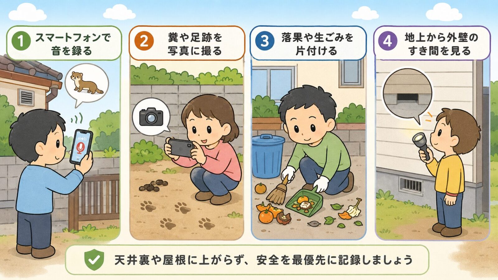 スマートフォンで音や写真を記録し、地上から安全に確認する方法を示した図解