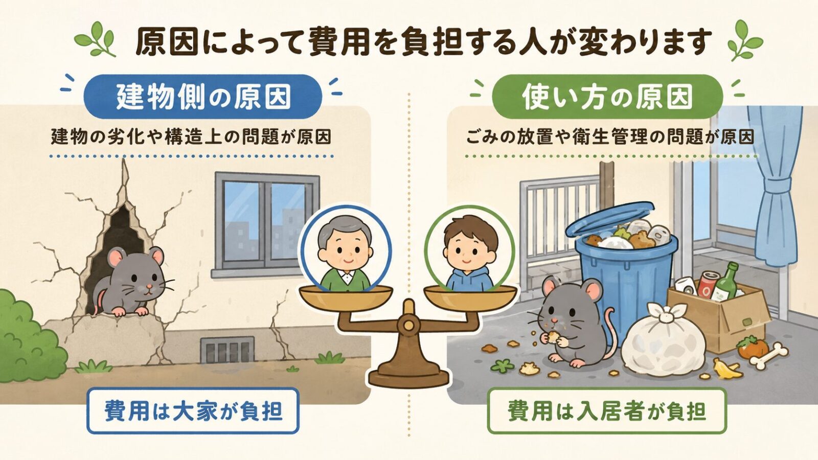賃貸の害獣駆除費用は建物側の原因か使い方の原因かで大家と入居者の負担が変わることを示した図解。