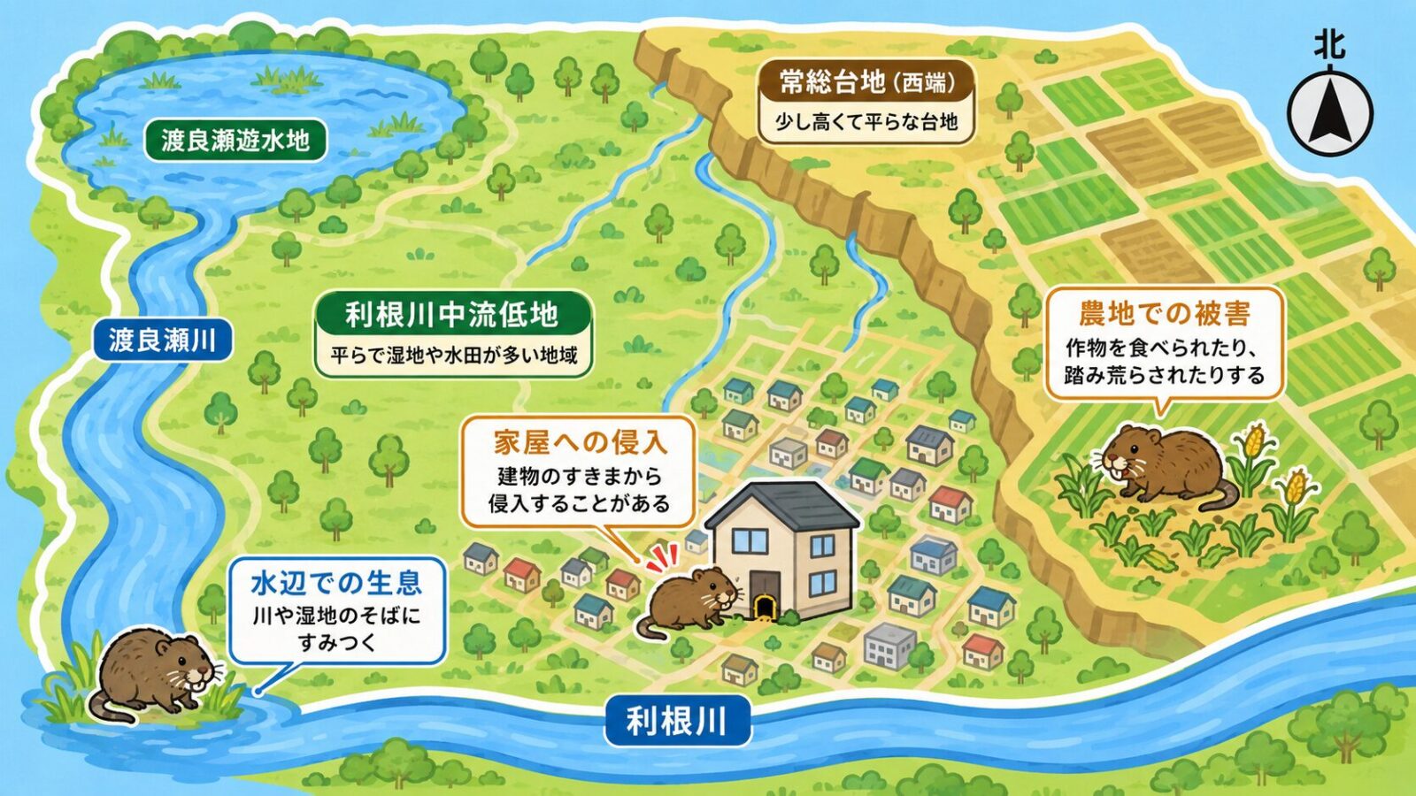 古河市の地形と点検ポイントを示す模式マップ。上が北で、北西に渡良瀬遊水地と渡良瀬川、利根川水系の流れ、平坦な利根川中流低地と常総台地西端の台地、台地を浸食する小河川を配置。水辺はヌートリアなどの通り道、台地の農地は食害、市街地はすき間からの侵入として点検ポイントを示すいらすとや風イラスト。渡良瀬遊水地は北西、利根川は南に置く。