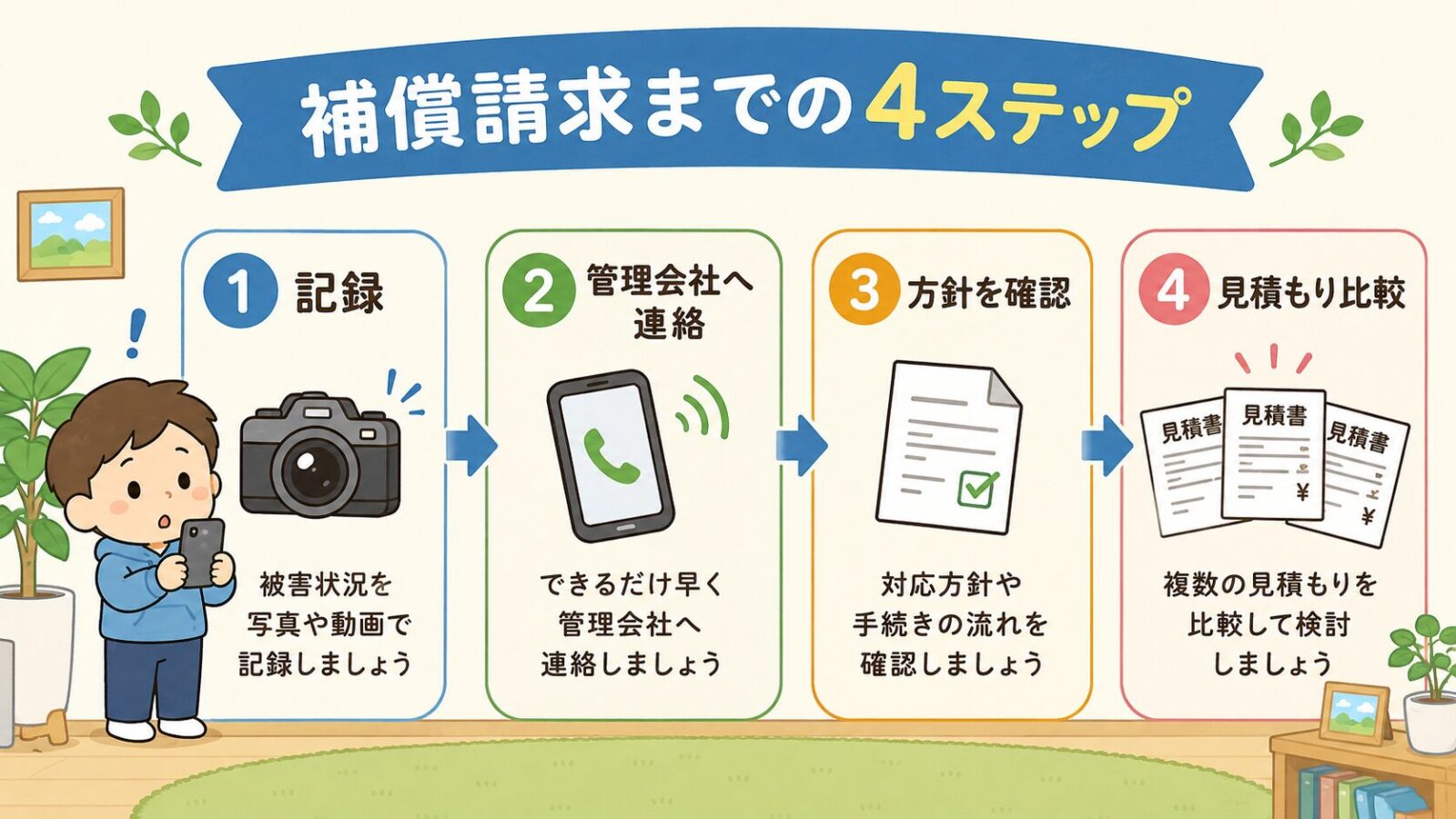 賃貸で害獣被害が出たときに記録、管理会社へ連絡、方針確認、見積もり比較を行う4つの手順を示した図解。