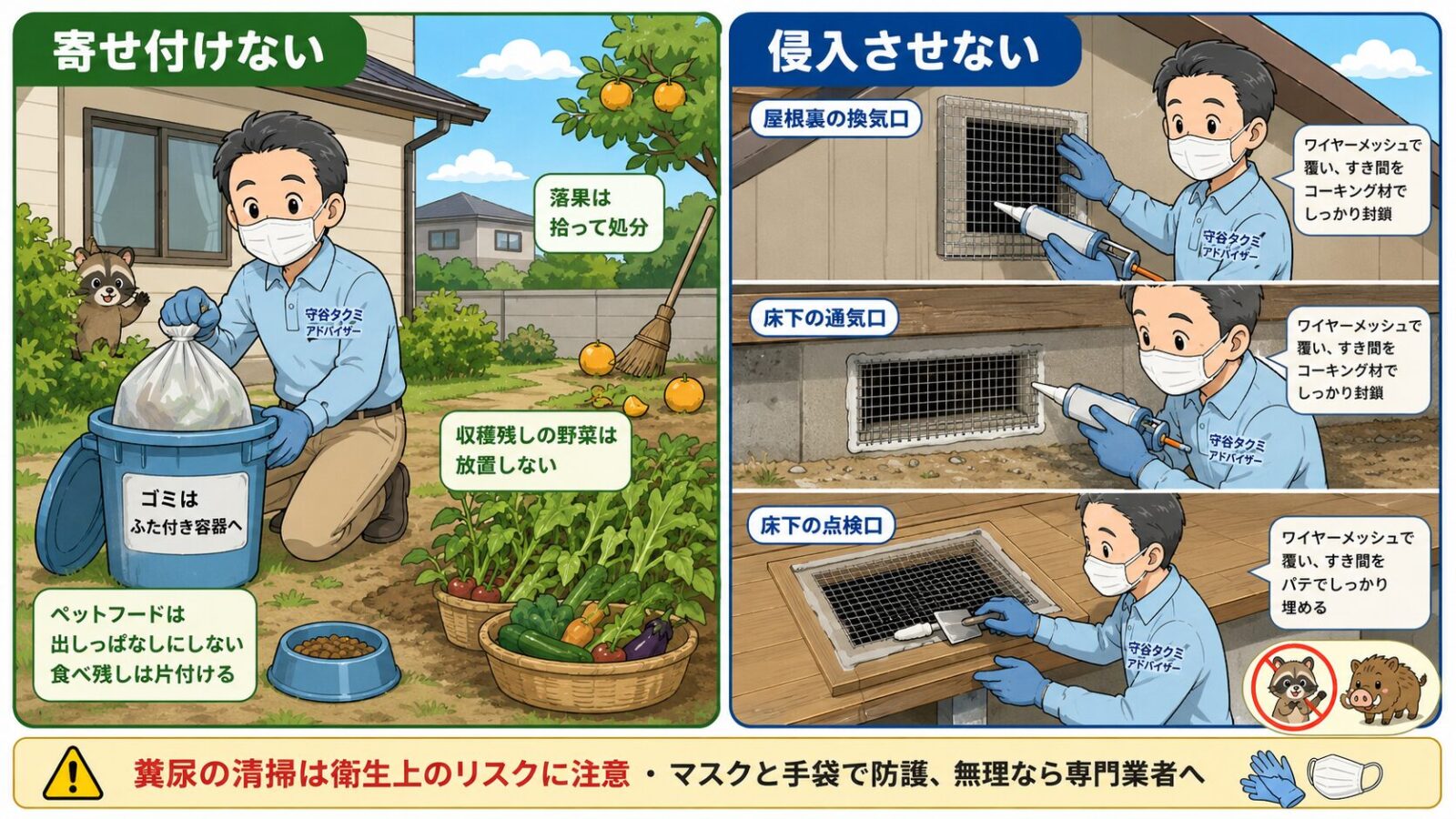 日立市で自分でできる害獣の予防・応急対策を示す図。寄せ付けない(生ごみ・落ちた果実・収穫しない野菜・ペットフードを置かない)と侵入させない(屋根裏・通気口・床下のすき間を金網やパテで塞ぐ)の2本柱を守谷タクミが案内し、糞尿の清掃は衛生上のリスクに注意し防護のうえか専門業者へと添えるいらすとや風イラスト。
